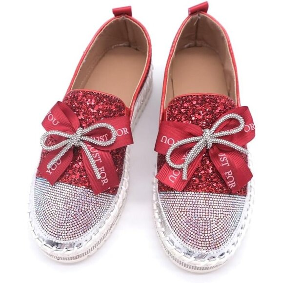 Women's Red Rhinestone Slip On Walking Bowknot Glitter Bling Sneakers Shoes - Picture 2 of 6